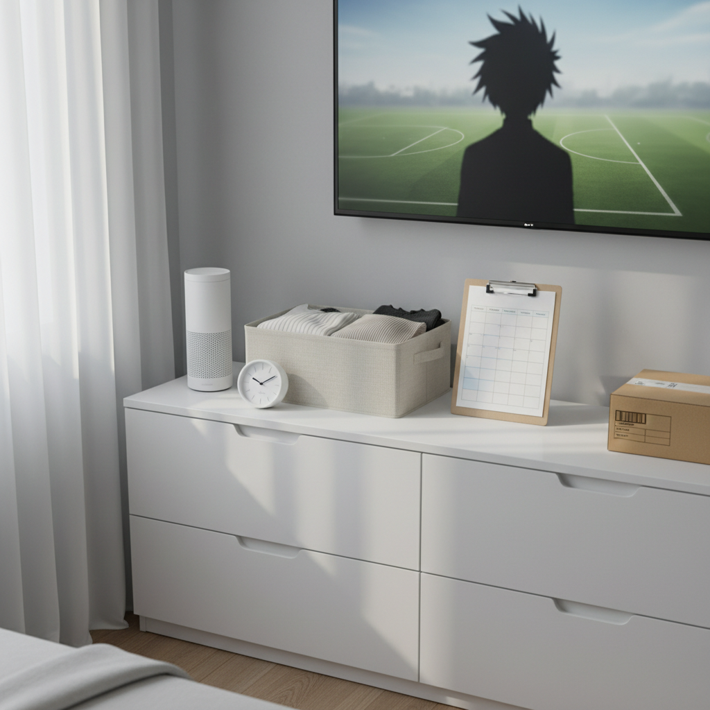 A carefully organized bedroom or studio corner with a simple white dresser top arranged as a lifestyle command center: a slim, unbranded smart speaker, a neutral-toned fabric storage box with neatly folded clothing peeking out, a small analog clock, and a clipboard with a blurred weekly schedule. A compact, generic cardboard parcel with a simple barcode label rests to the side, suggesting recent online shopping. In the background, a wall-mounted TV shows a softly blurred anime character silhouette overlayed on a faint sports field, symbolizing mixed interests. Natural morning light streams through sheer curtains, creating a calm, diffused glow and soft shadows. Photographic realism, shot from a slightly elevated angle with balanced composition, conveys a professional, organized, and multi-interest lifestyle suited for content about Amazon finds, sports, and anime.