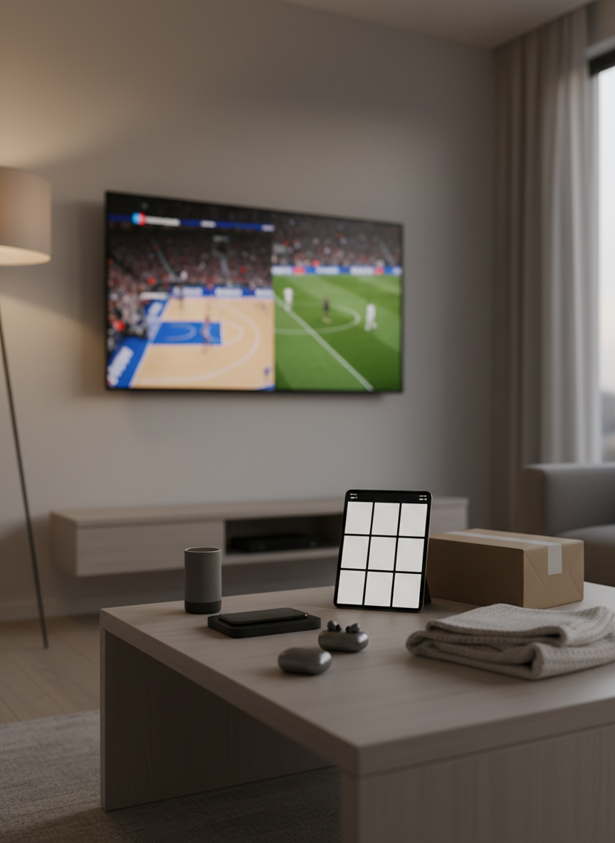 A highly detailed living room scene with a low, matte-wood coffee table neatly arranged with unbranded tech gadgets, a neutral-colored throw blanket folded beside a generic cardboard parcel, and a tablet showing a grid of product thumbnails without visible logos or text. In the background, a large wall-mounted TV displays a blurred basketball court and soccer field split-screen, suggesting sports coverage without specific teams. Soft, warm evening light from a floor lamp creates a cozy glow, while diffused window light adds natural balance. Photographic realism with an eye-level, slightly angled composition, shallow depth of field keeping the tabletop in sharp focus and the TV subtly blurred. The mood is calm, organized, and professional, ideal for a lifestyle blog blending product recommendations and sports roundups.