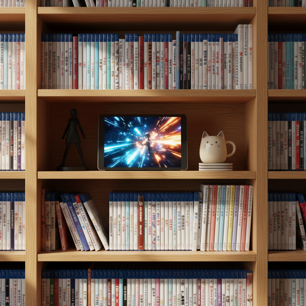 A tidy wooden bookshelf dedicated to anime, filled with neatly aligned, unbranded Blu-ray cases and manga-style volumes, their spines in harmonious pastel and bold colors but with no readable text or logos. On the middle shelf, a slender, modern tablet displays a blurred anime scene composed of vibrant motion and dramatic lighting, clearly stylized yet non-identifiable. A small, stylized figurine silhouette and a neutral-colored mug shaped like a cat ear cup sit beside it, adding personality. Soft afternoon light filters in from a nearby window, casting gentle highlights on glossy covers and soft shadows between shelves. Photographic realism, captured at eye level with moderate depth of field, keeps the central shelf sharp and the others softly fading, creating a professional yet passionate anime discussion atmosphere.