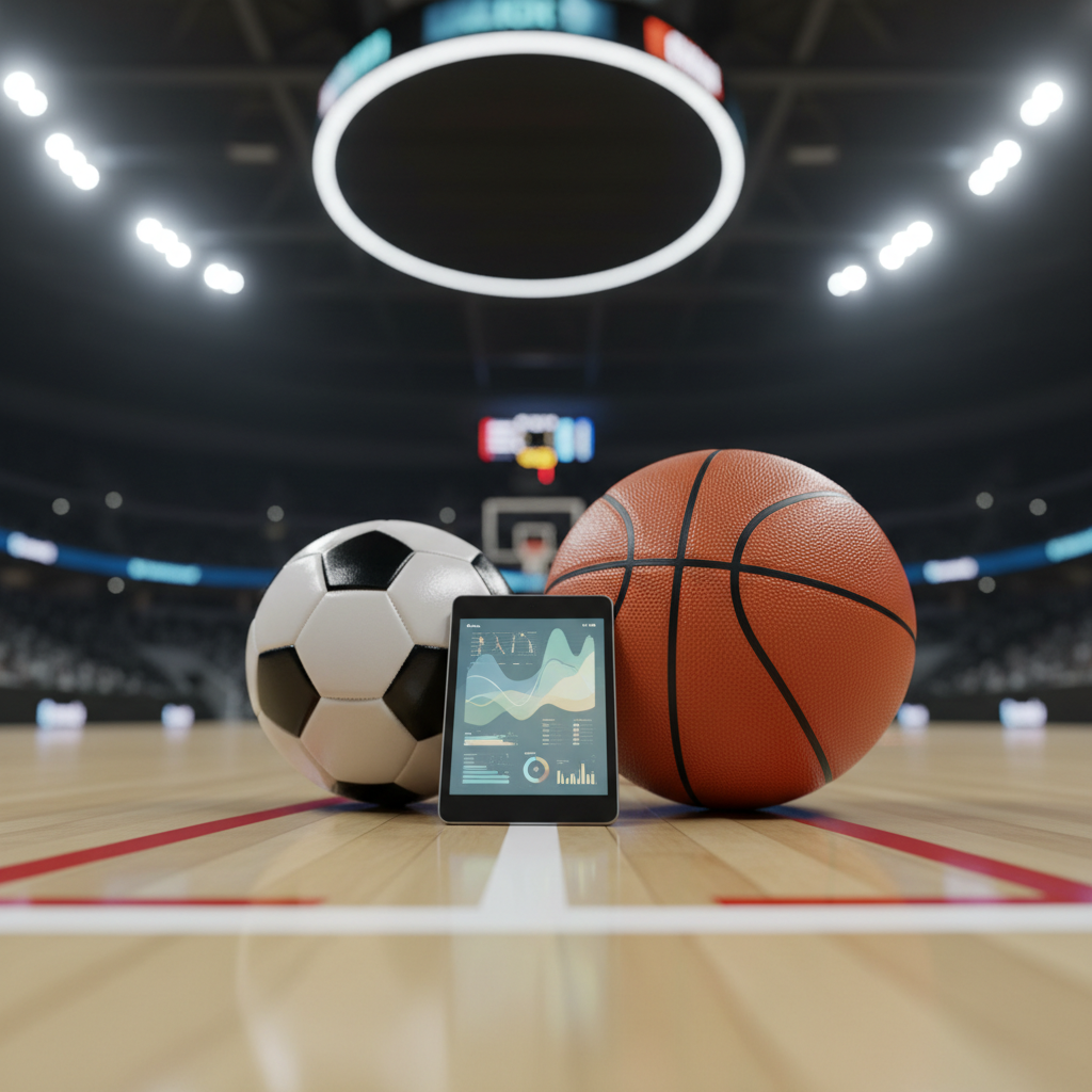 A dramatic, photographic close-up of a pristine, glossy indoor basketball resting beside a meticulously stitched black-and-white soccer ball on a polished wooden court floor. Between them sits a slim, modern tablet on a simple stand, displaying abstracted, logo-free charts and stats in soft colors. The court lines are visible but generic, with a blurred scoreboard and empty stands fading into the background. Overhead arena lights cast bright, directional beams, creating crisp reflections on the ball surfaces and subtle shadows along the floorboards. Shot from a low, courtside perspective with shallow depth of field, emphasizing texture and detail. The atmosphere feels energetic yet analytical, perfectly capturing a professional sports news roundup theme without focusing on specific teams or players.