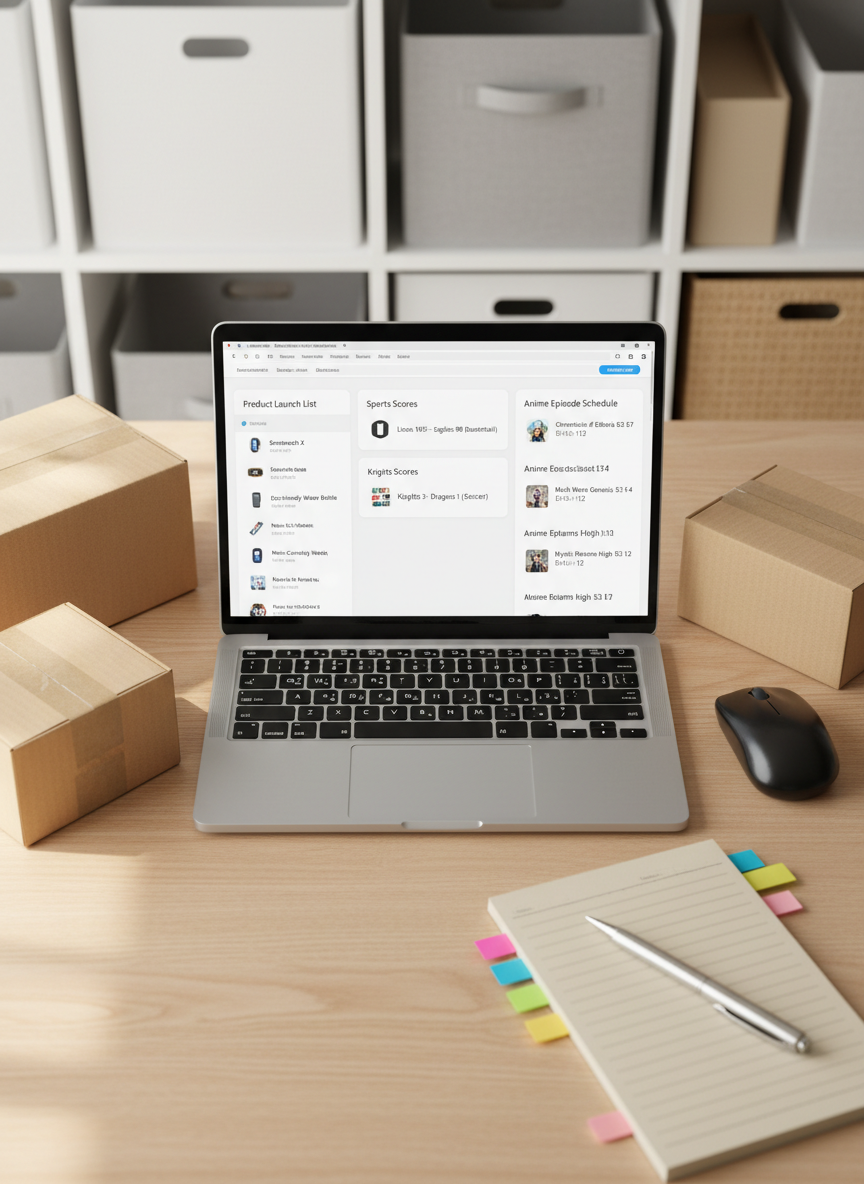 A clean, modern flat-lay of a minimalist workspace featuring an open, unbranded laptop displaying a neatly organized dashboard of product lists, sports scores, and anime episode schedules. Around it, several sleek cardboard shipping boxes with generic tape, a glossy black wireless mouse, and a lined notebook with color-coded sticky tabs emphasize lifestyle organization. The scene is set on a light oak desk against a softly blurred bookshelf background filled with neutral-toned storage bins. Soft morning window light from the left creates gentle highlights on metallic edges and subtle shadows beneath objects. Photographic realism, shot from a directly overhead angle with crisp detail and slight vignetting at the corners, creating a professional, organized, and trustworthy atmosphere suitable for a lifestyle and review blog.