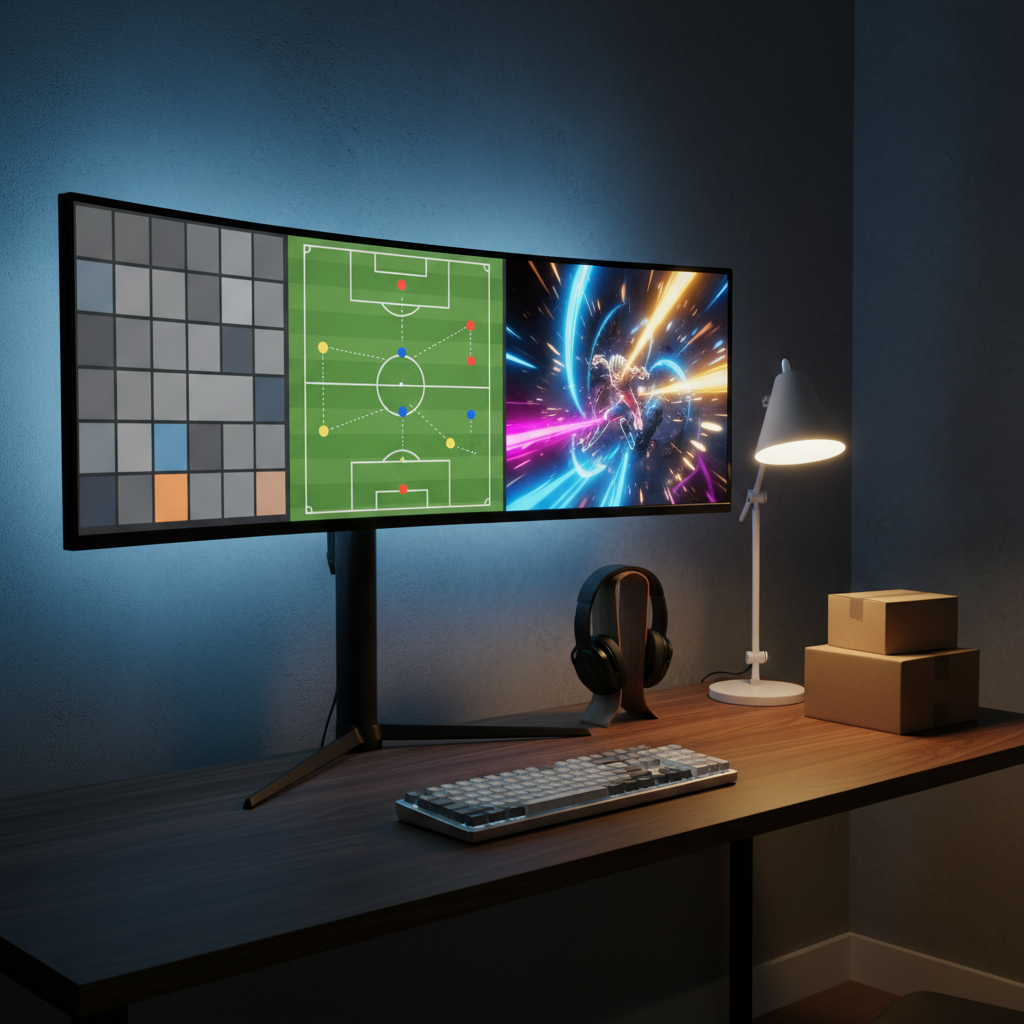 A sleek desk setup featuring a large, ultra-wide monitor displaying three distinct, logo-free panels: an abstract product grid, a stylized soccer pitch with colored markers, and a vibrant anime frame full of motion blur and saturated hues. The monitor sits on a dark walnut desk with a minimalist mechanical keyboard, a wireless headset resting on a stand, and a small stack of plain shipping boxes to one side. Behind the setup, subtle LED backlighting in cool blue tones washes the wall, while a desk lamp casts a warm pool of light across the workspace, creating a balanced, professional ambiance. Photographic realism, captured from a three-quarter angle with moderate depth of field, underlining productivity and curated interests for a multi-topic blog.